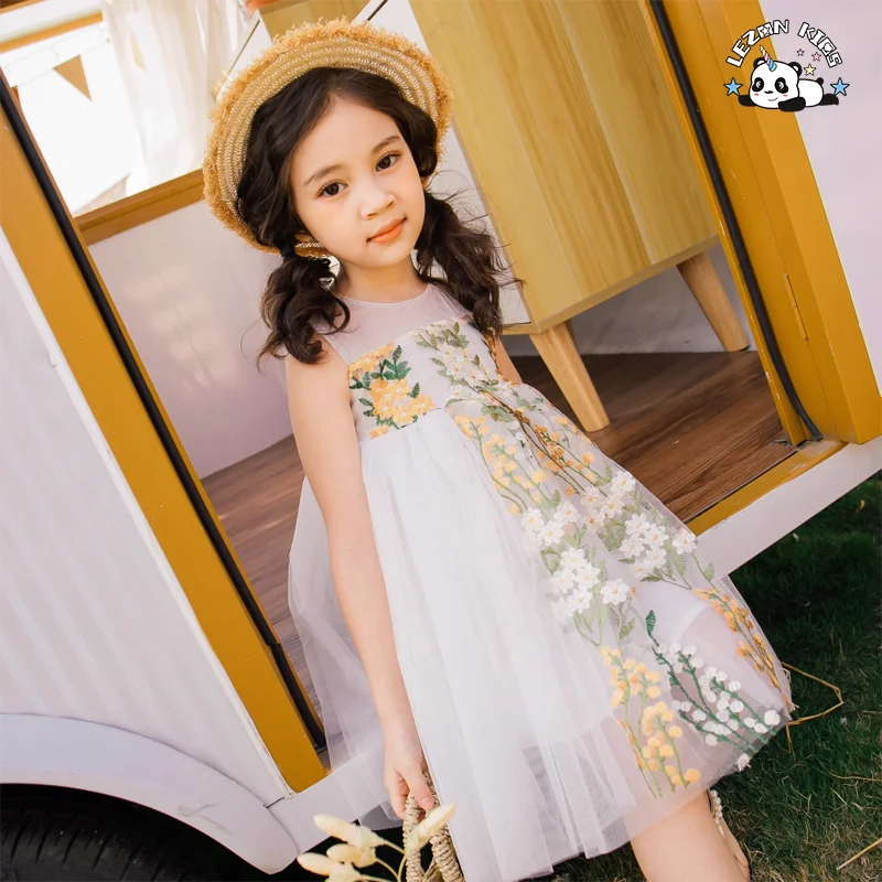 LEZONKIDS - Kids Clothing Wholesale Summer Dress Girl Flower Embroidery Tulle Dresses for Kids Girls
